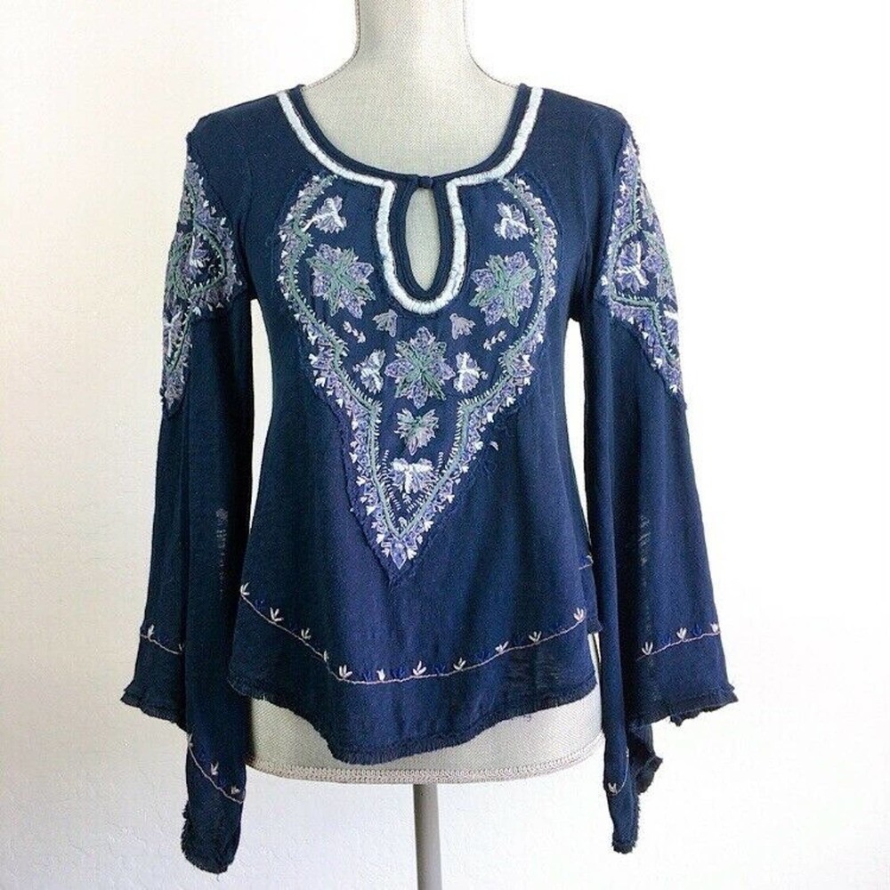 Free People Boho Blue Top Embroidered Damask Gypsy